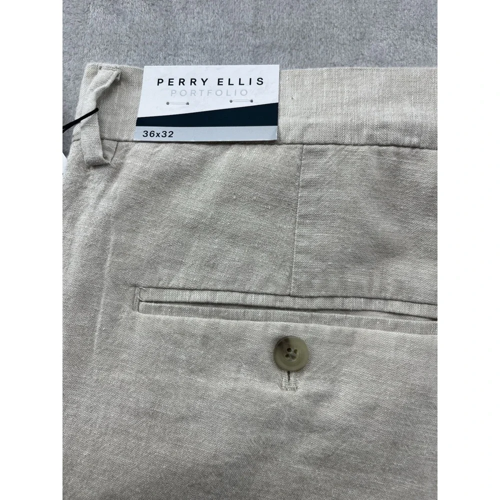 Perry Ellis Portfolio Dress Pants Men 36x32 Natural Linen Slim Fit Linen Blend